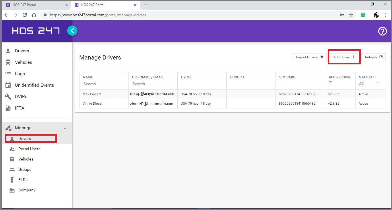 Add a Driver HOS247 Support Center
