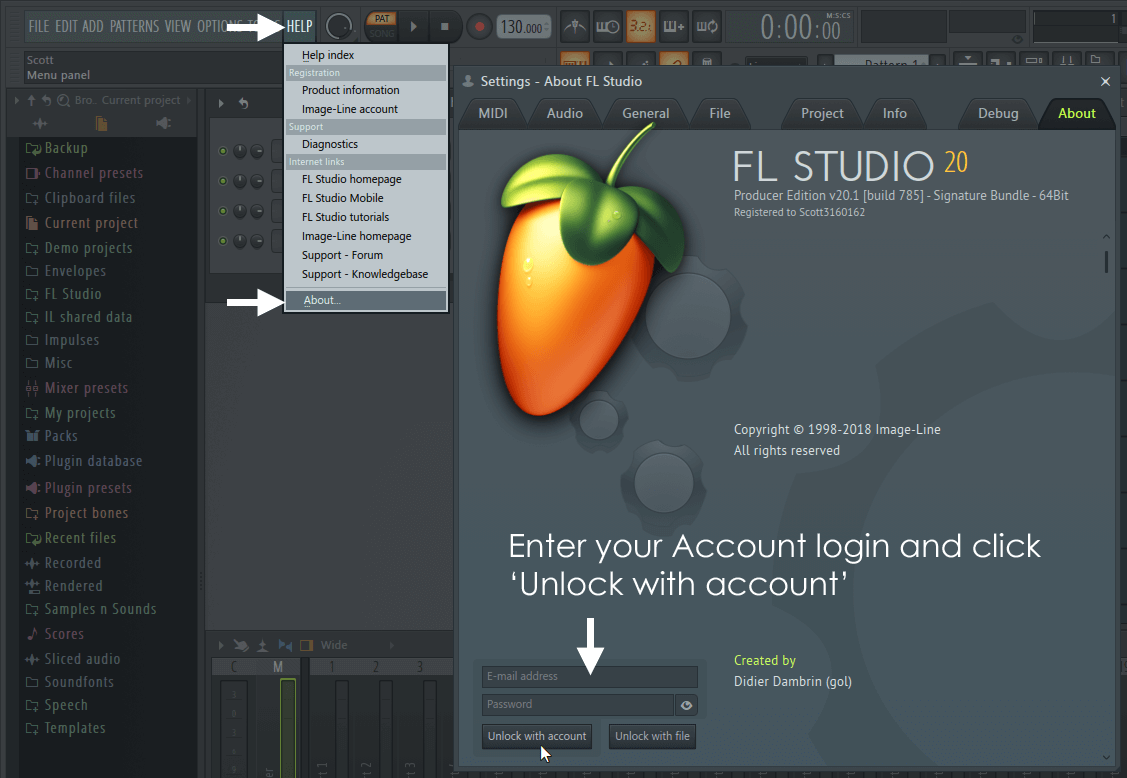 Registration How to unlock FL Studio from the 'HELP > About' panel