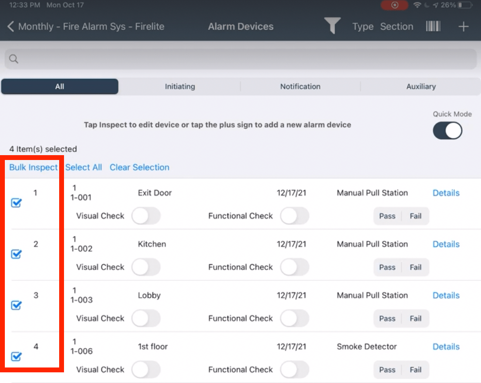 How to Use Quick & Bulk Inspect for Alarm Devices Inspect Point Help Desk