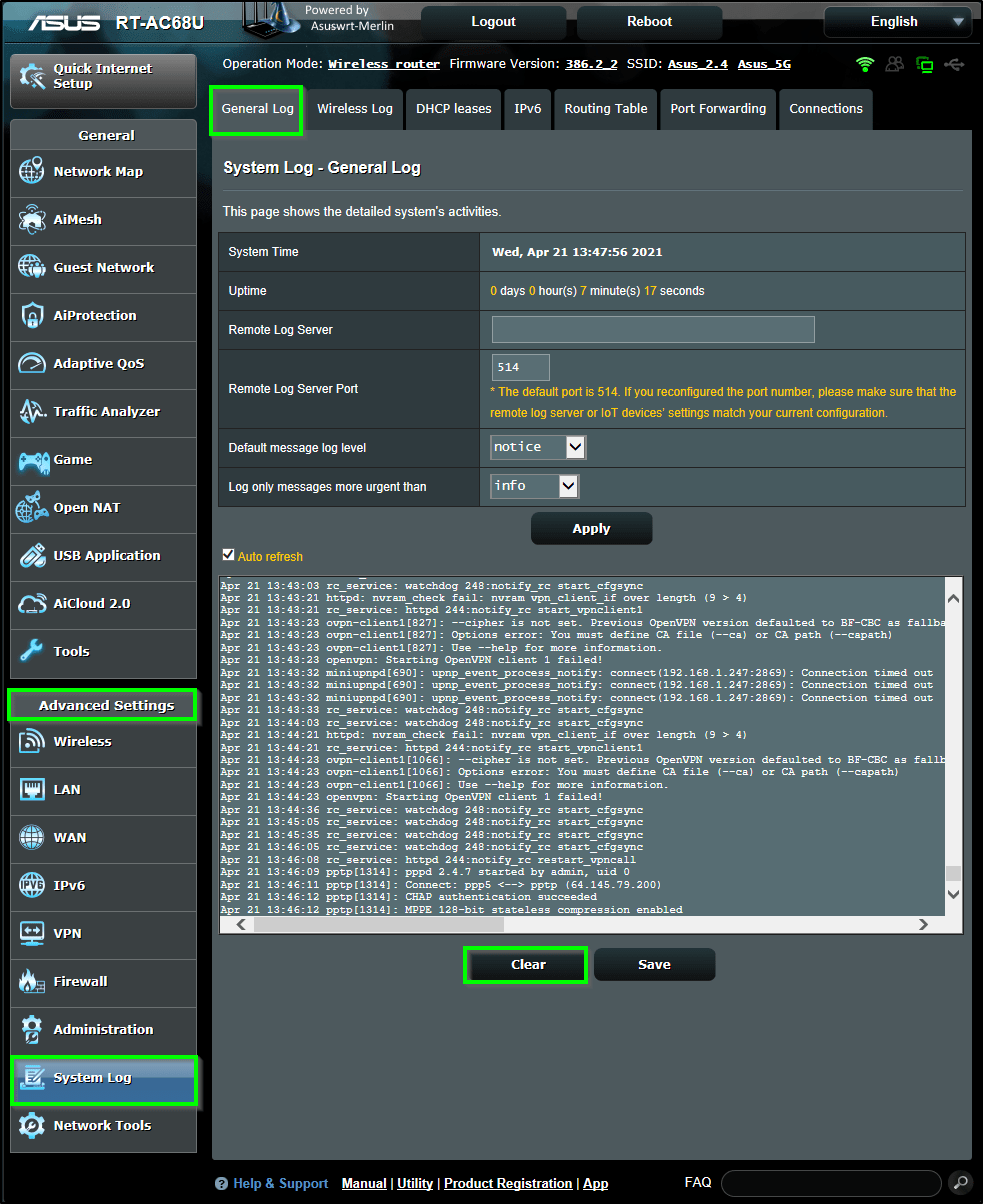 How to retrieve logs in ASUSWRT Merlin? IPVanish
