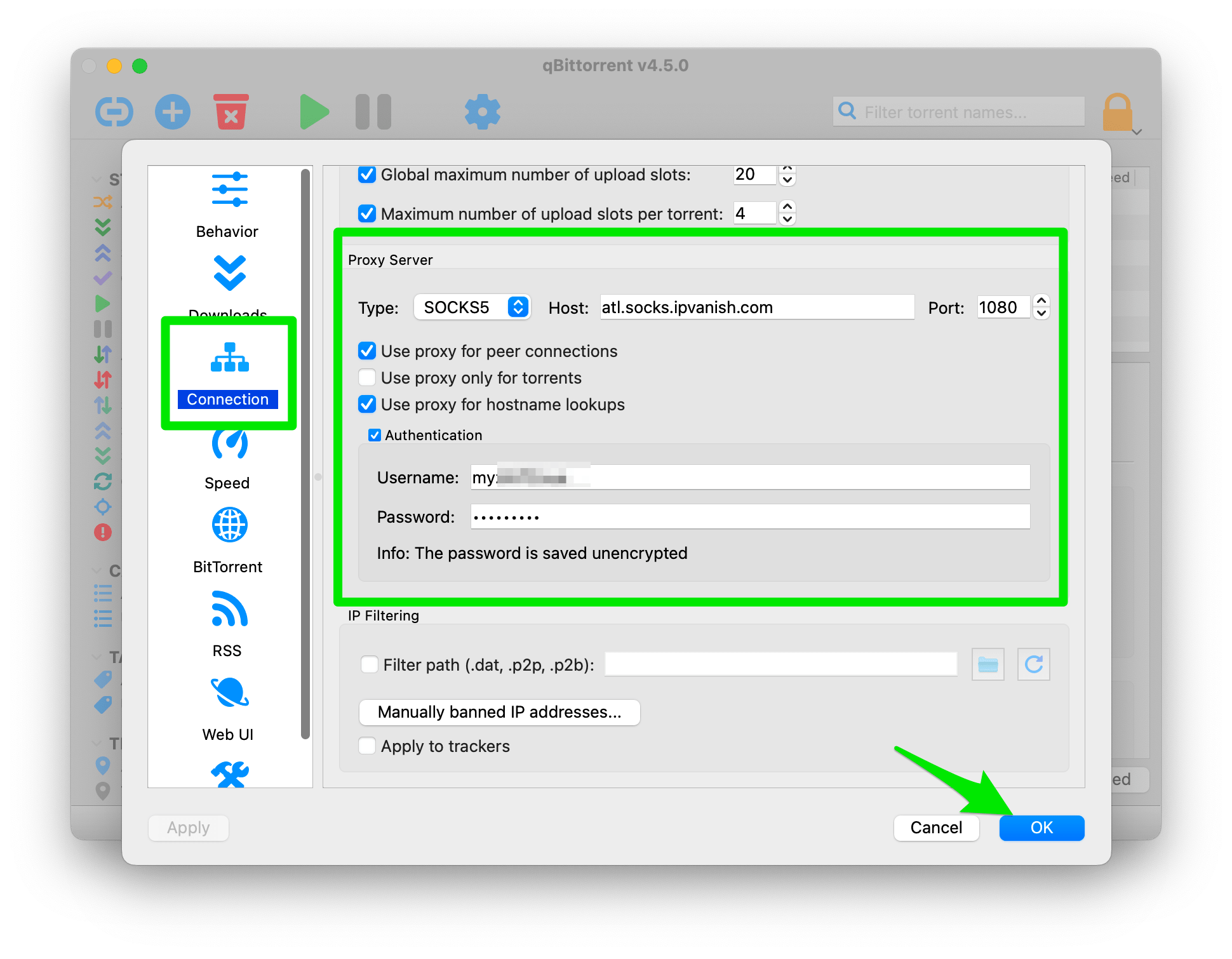 SOCKS5 Proxy Setup on qBittorrent for Mac IPVanish
