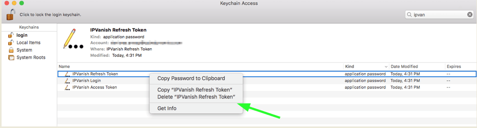 Could not retrieve the password from the Keychain IPVanish