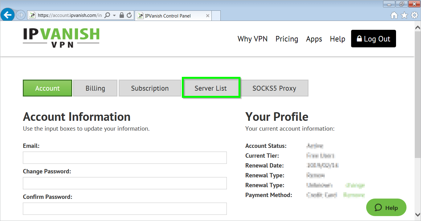 Where can I find IPVanish server address list? IPVanish
