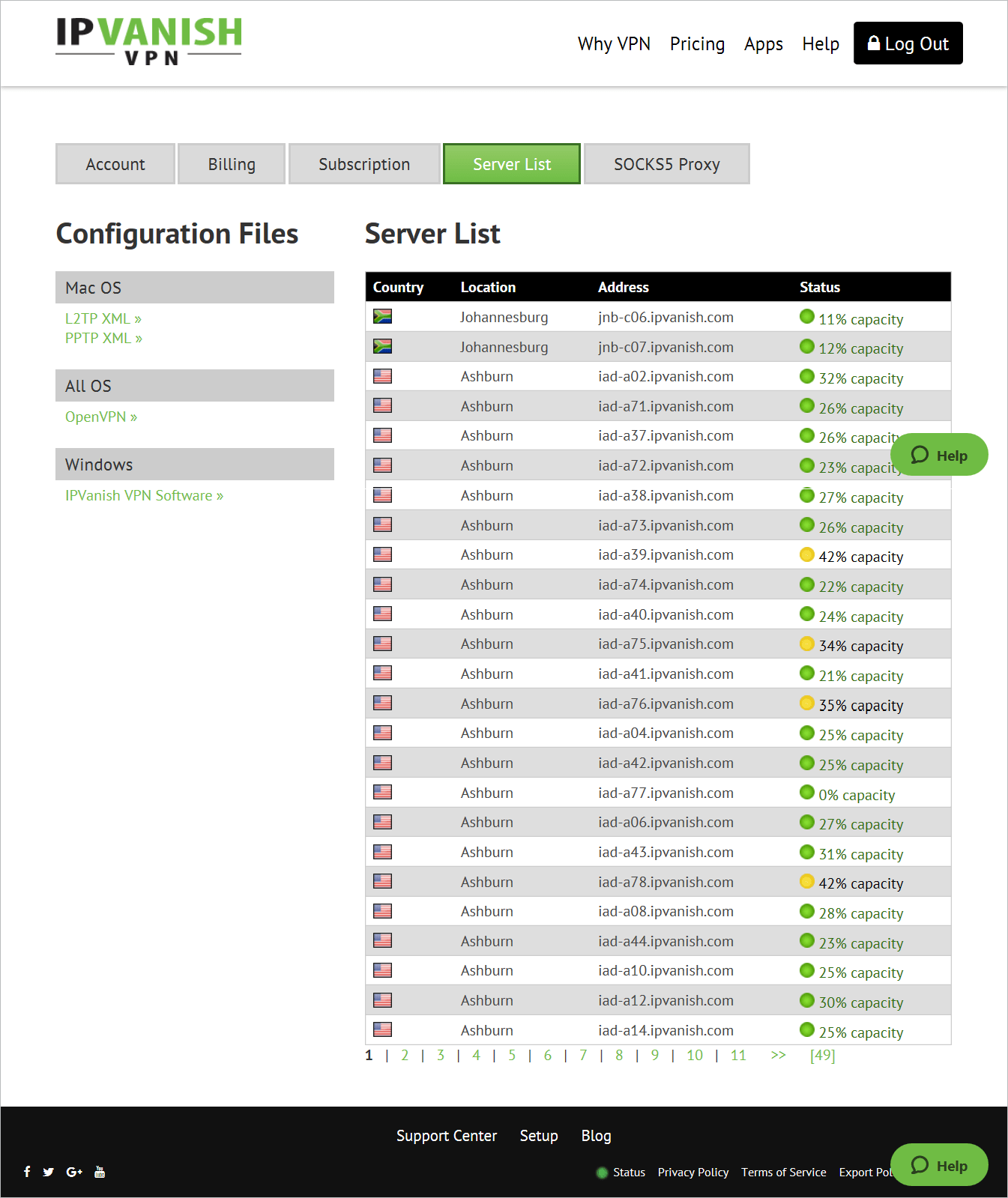 Where can I find IPVanish server address list? IPVanish