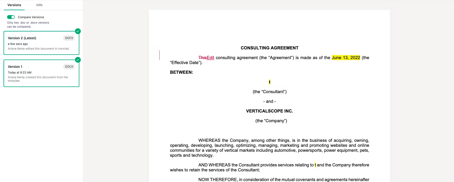 Compare Document Versions Ironclad