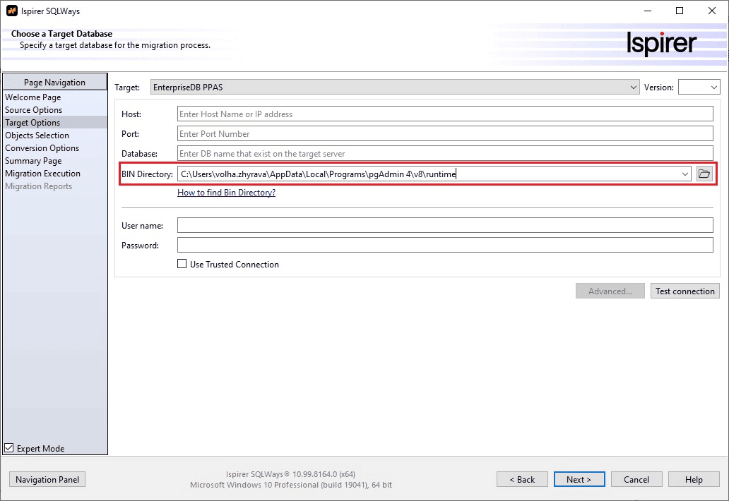 EnterpriseDB Bin Directory and Utilities to Perform Import Ispirer