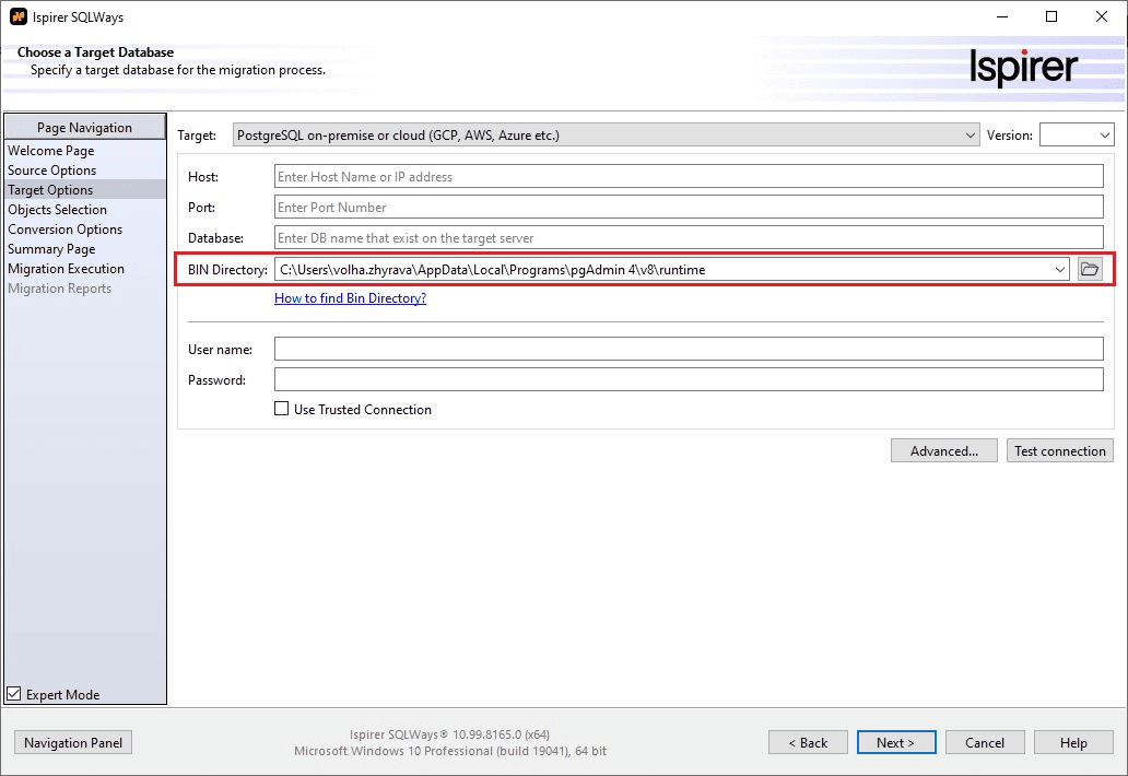 PostgreSQL Bin Directory and Utilities to Perform Import Ispirer