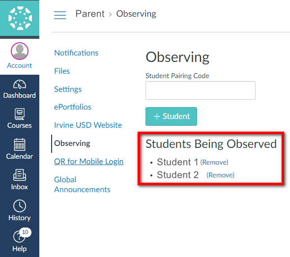 Canvas How to remove a student from a Parent Observer Account Irvine Unified School District