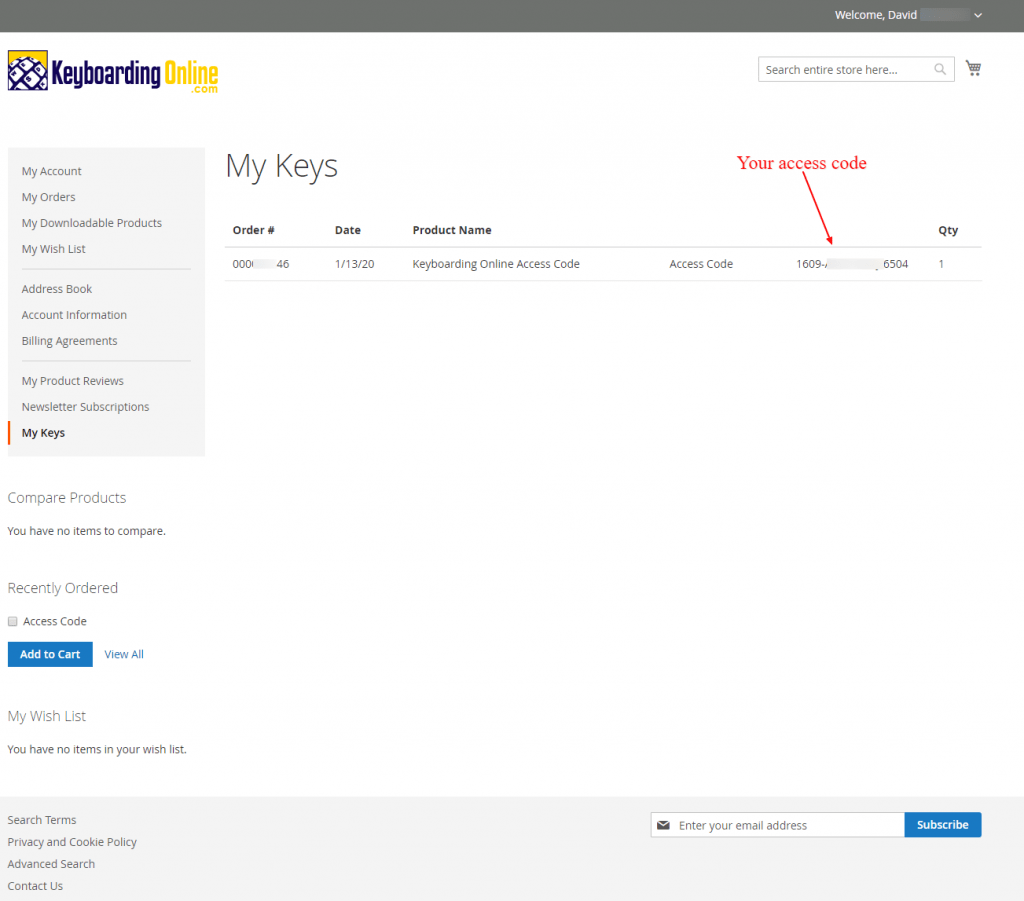 Where is my access code after I purchase it online? Keyboarding
