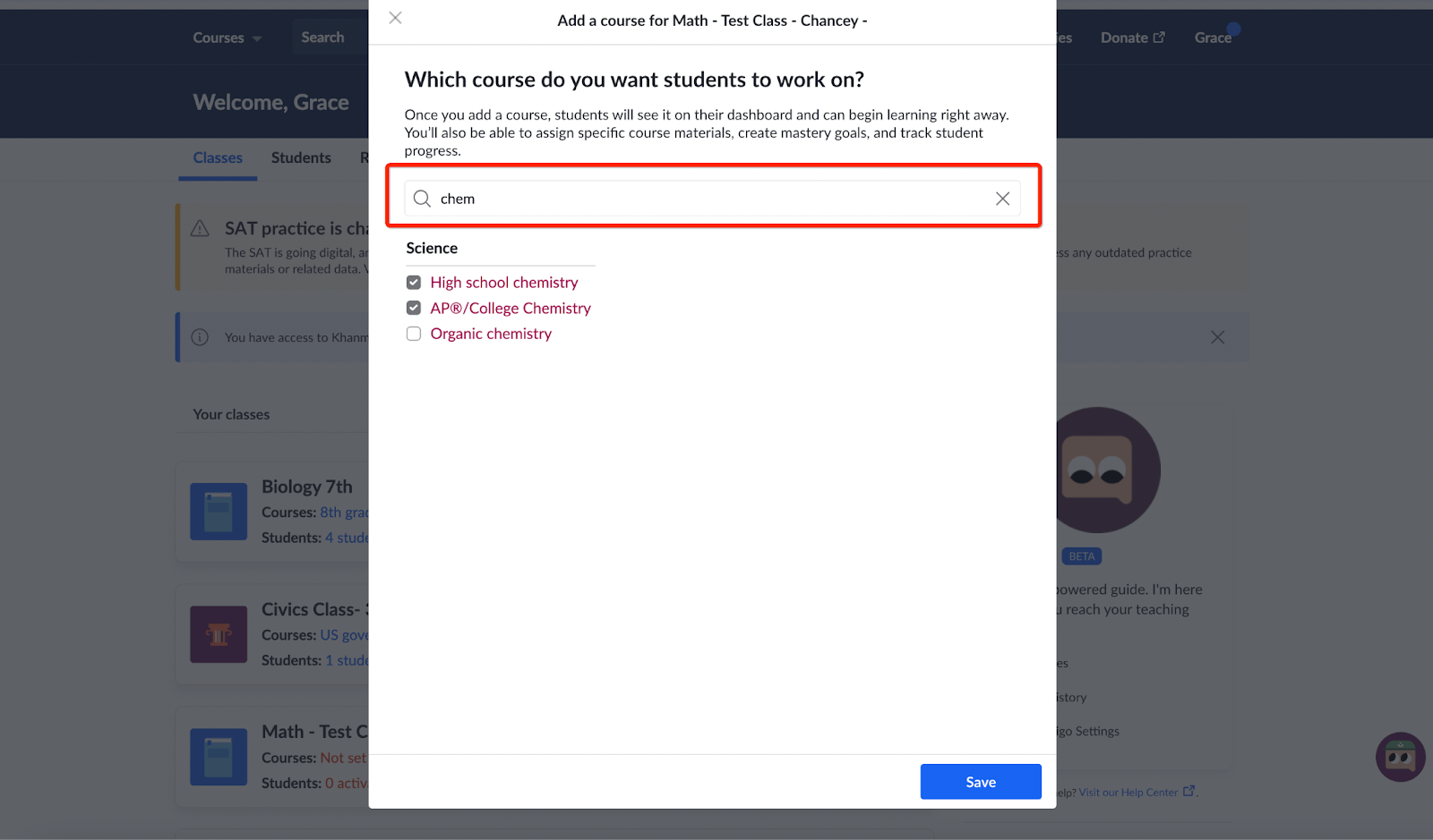 How do I add a course to my class? Khan Academy Help Center