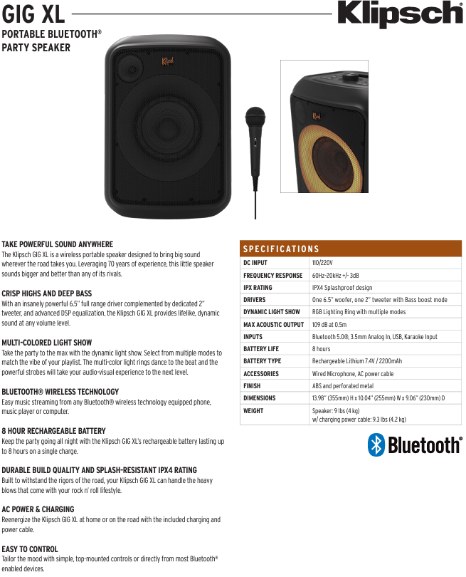 GiG XL - Specification Sheet – Klipsch