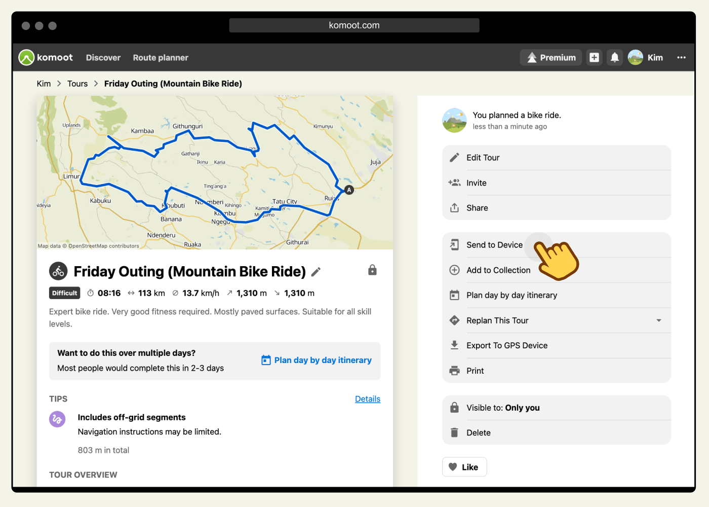 Komoot app for Garmin "Send to Device" feature Transfer Tours to