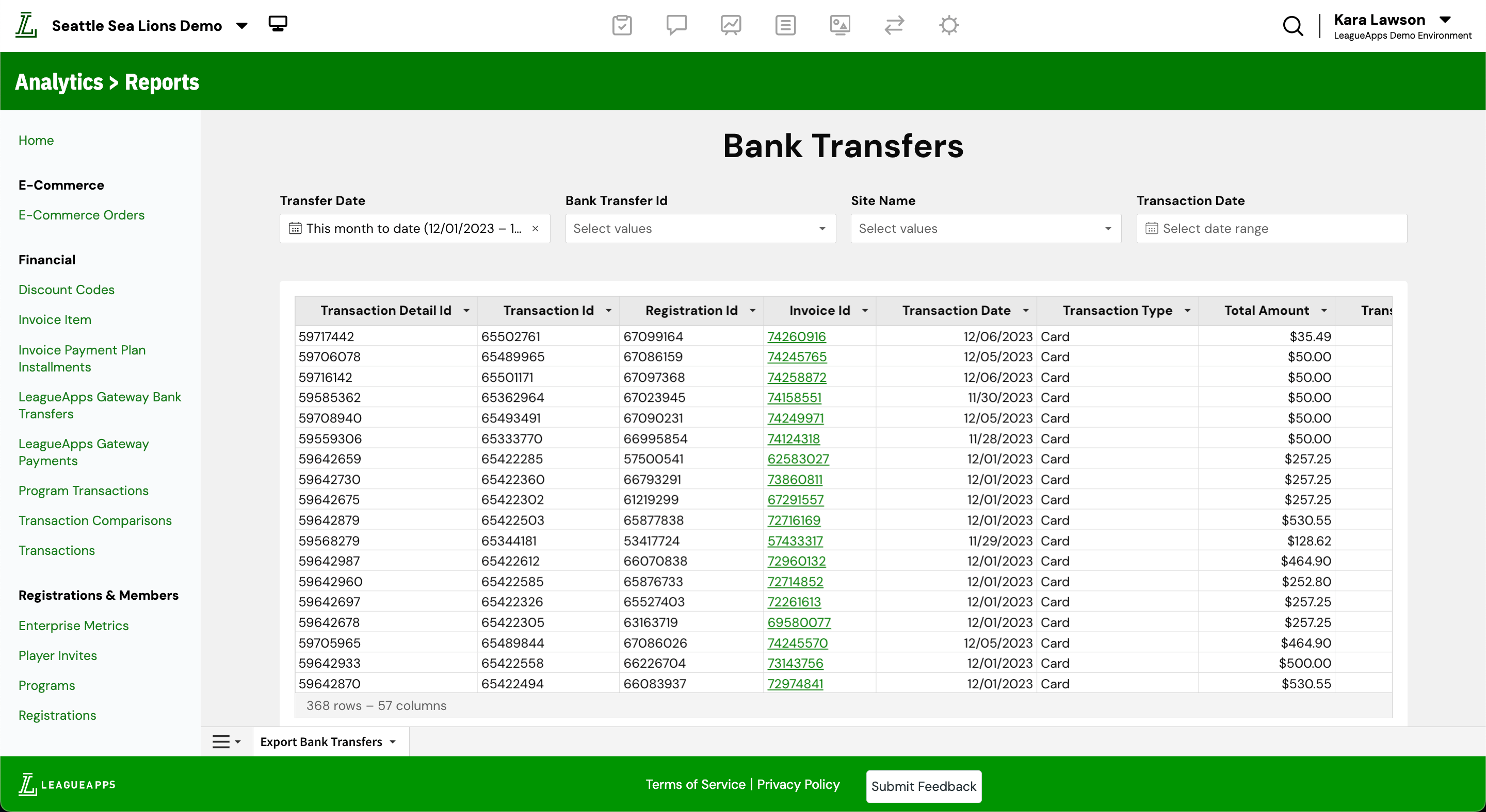 LeagueApps Gateway Bank Transfers Report LeagueApps
