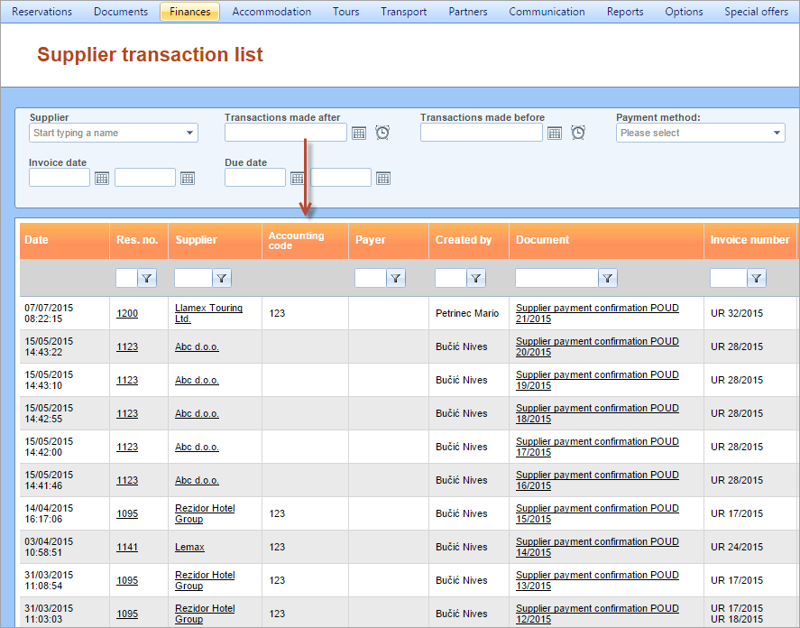 Accounting code column added to Transaction and Supplier transaction