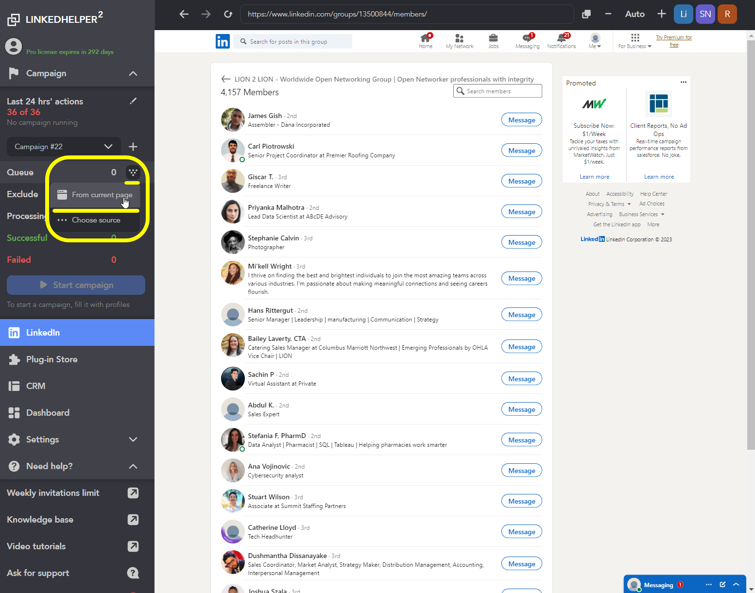 How to message LinkedIn group members ('Message sequence via group