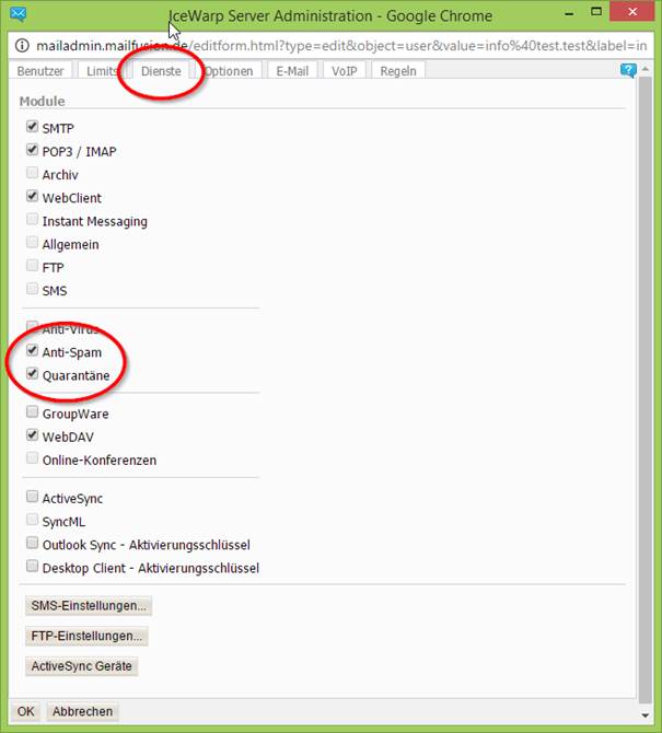 Hier könnenSie dann „AntiSpam“ und „Quarantäne“ aktivieren.