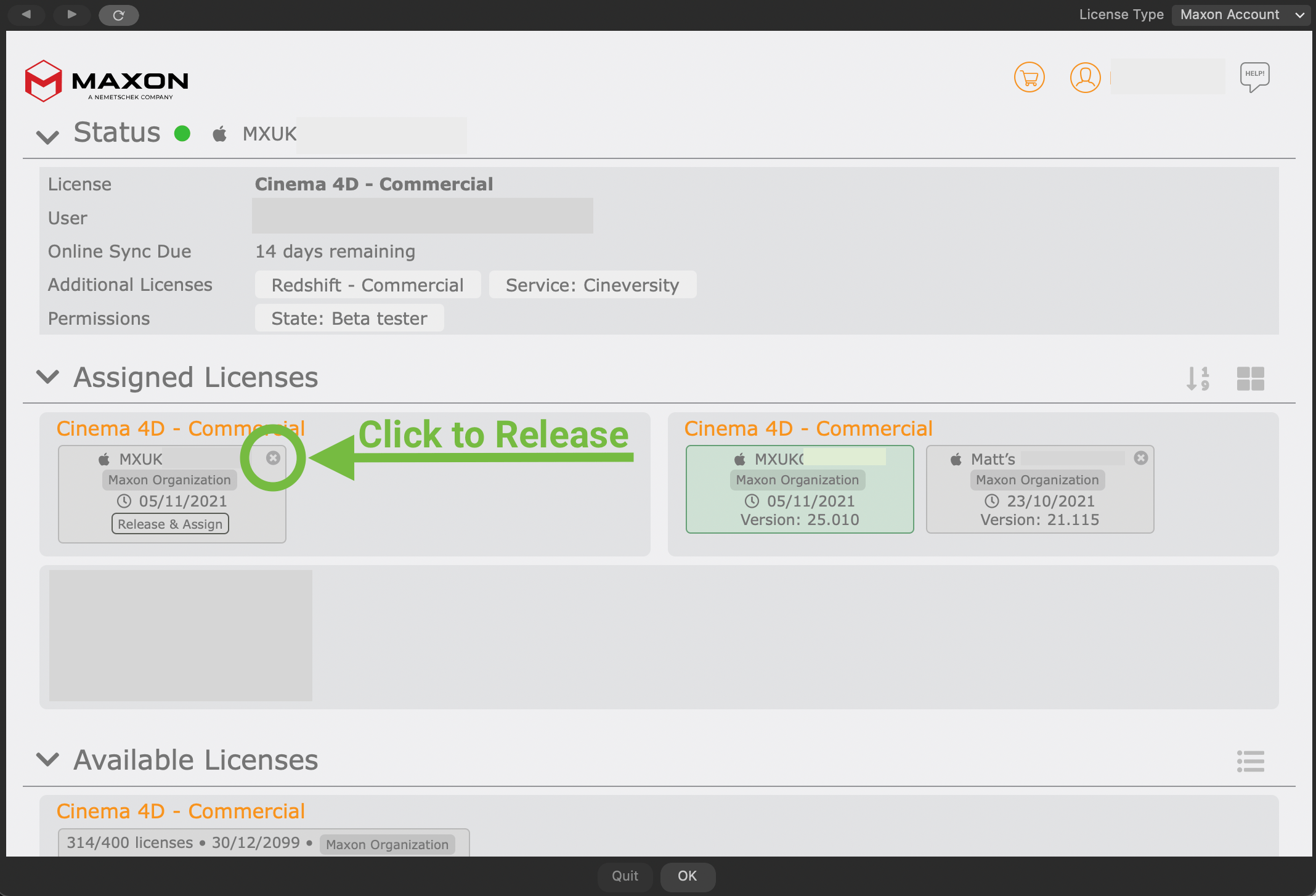 Maxon App 2025.2.0 How do I release the license on one machine so I can use it on the