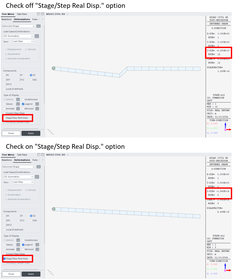 What do 'Current Step Disp.' and 'StageStep Real Disp.' mean? MIDAS