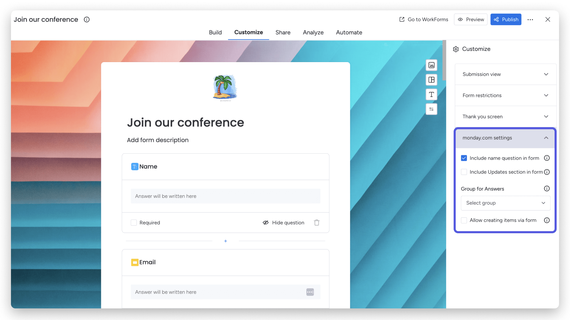 monday WorkForms settings and permissions Support