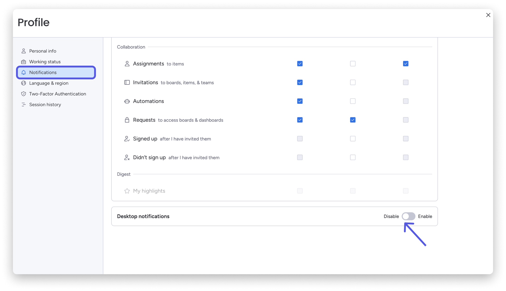 How to enable or disable desktop notifications Support