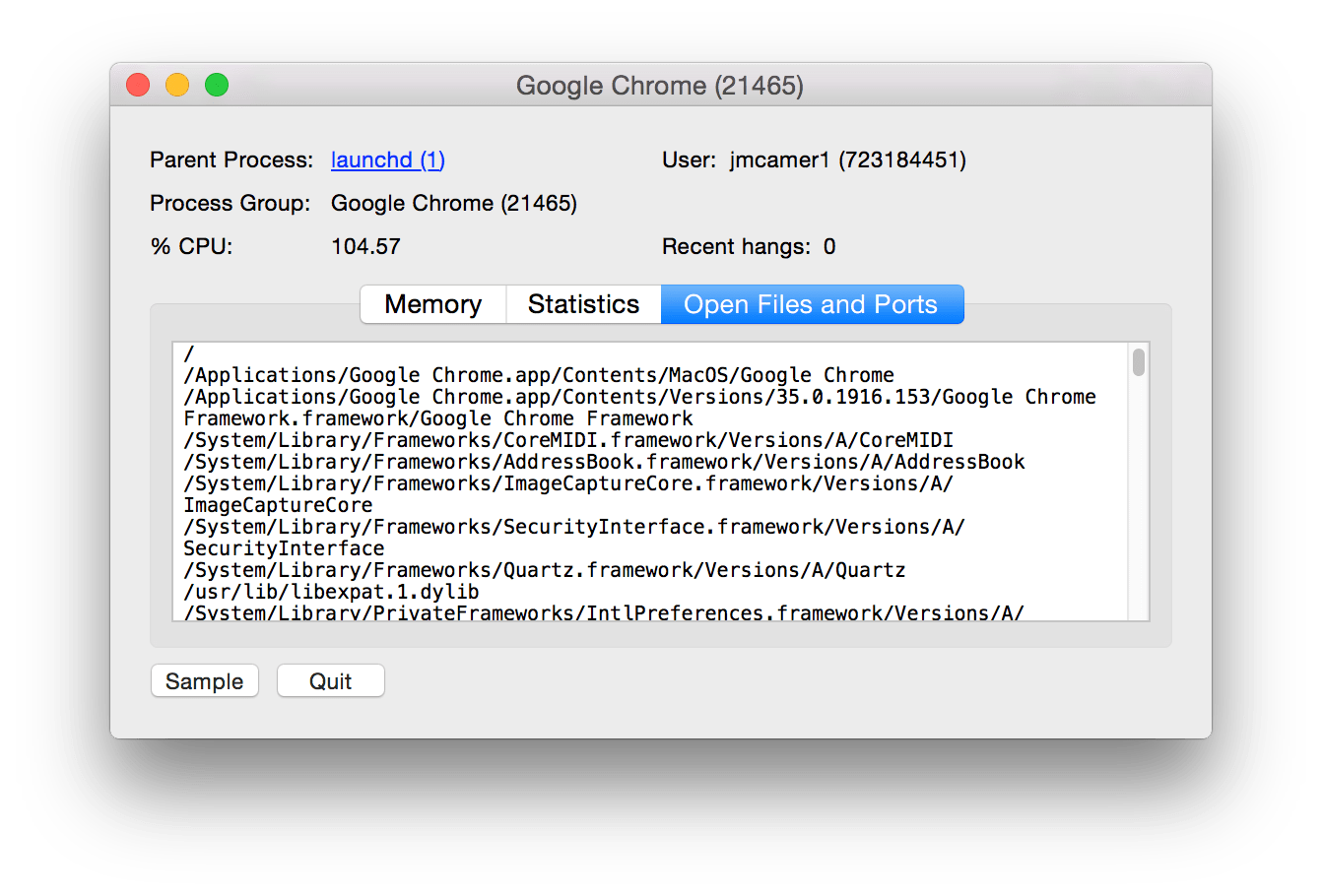 Open sites list for a Chrome process on OS X