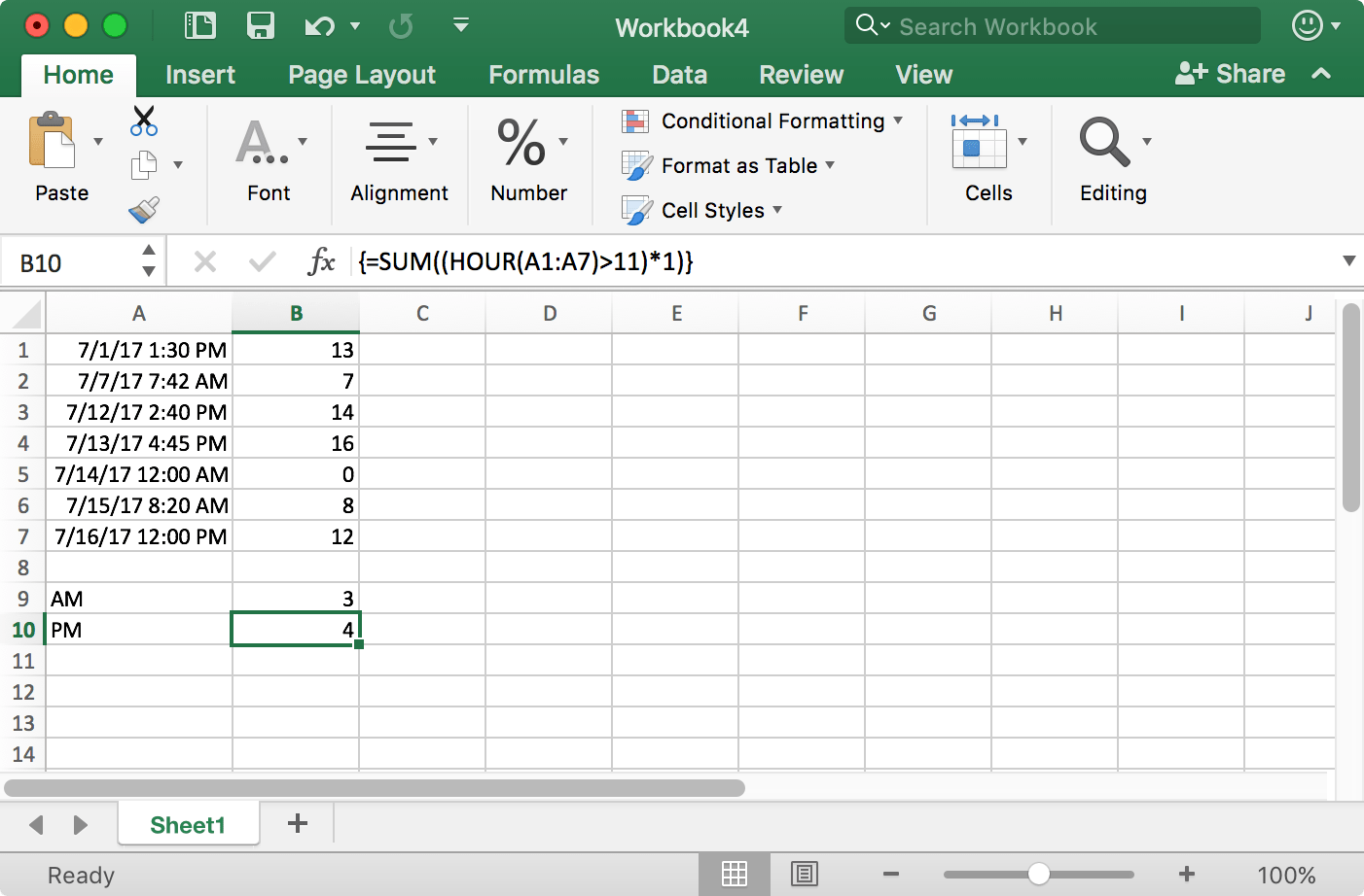Counting entries in an Excel spreadsheet by AM or PM