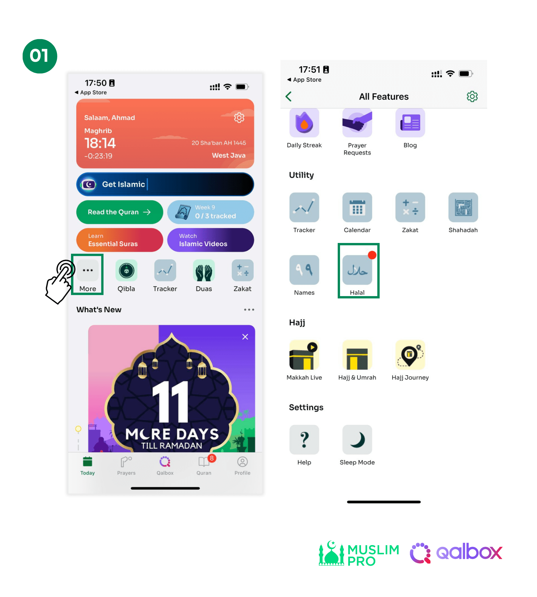 Mosques & Halal restaurant in Muslim Pro app Muslim Pro & Qalbox