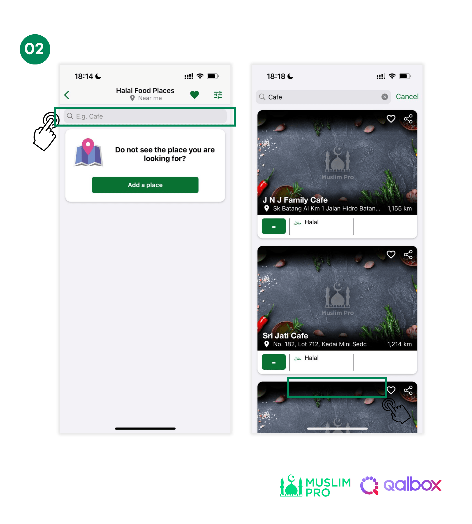 Mosques & Halal restaurant in Muslim Pro app Muslim Pro & Qalbox
