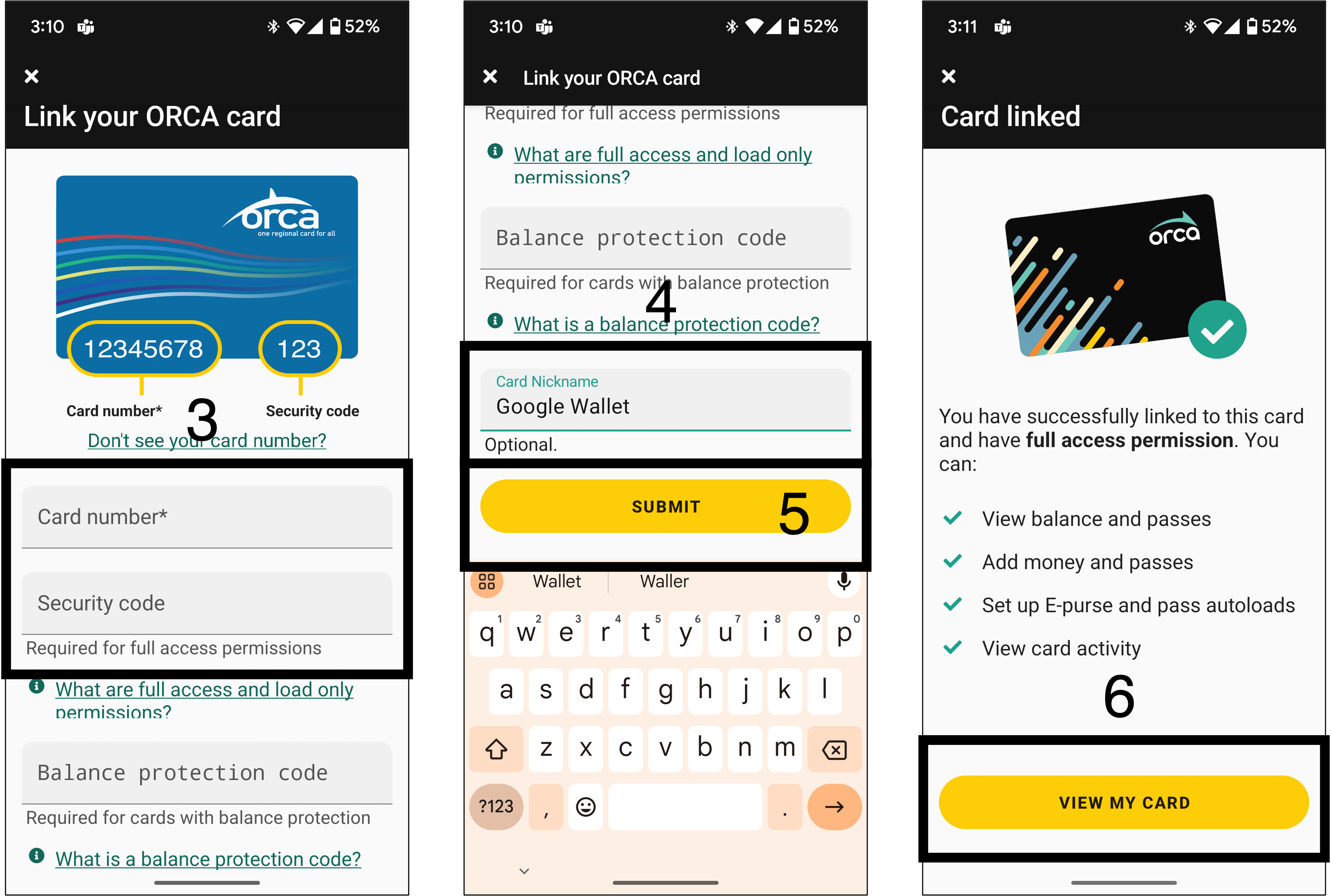 Account management and myORCA registration for ORCA cards in Google