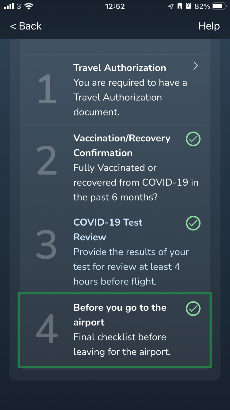 Completing the before you go to the airport checklist VeriFLY