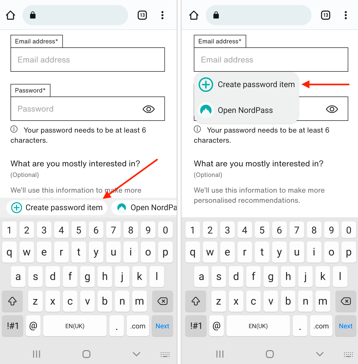 Create a new password item on a signup form using Android app NordPass