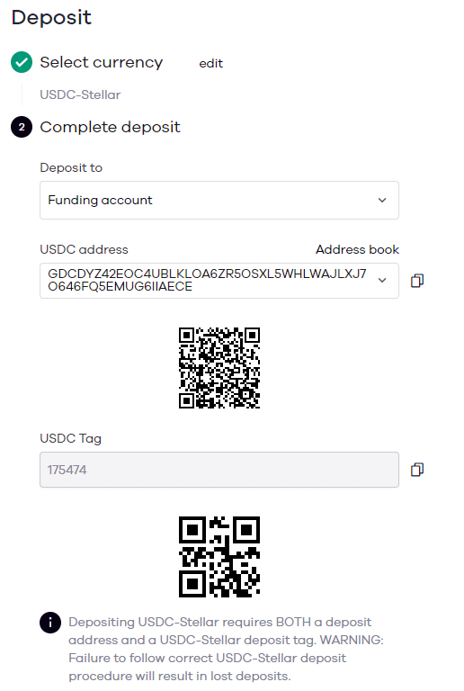 How do I deposit and withdraw USDC on the Stellar network? Okcoin