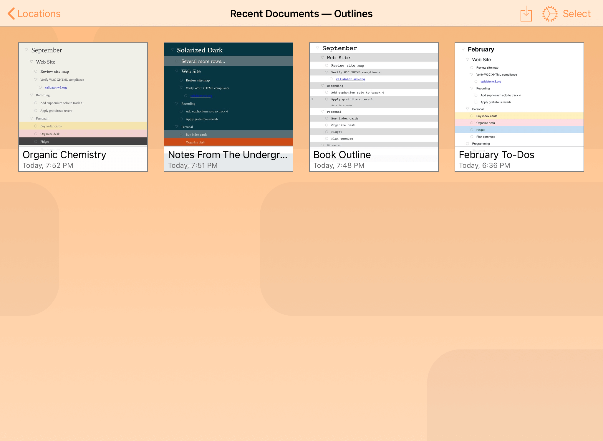The Recent Documents folder, as viewed in the Document Browser