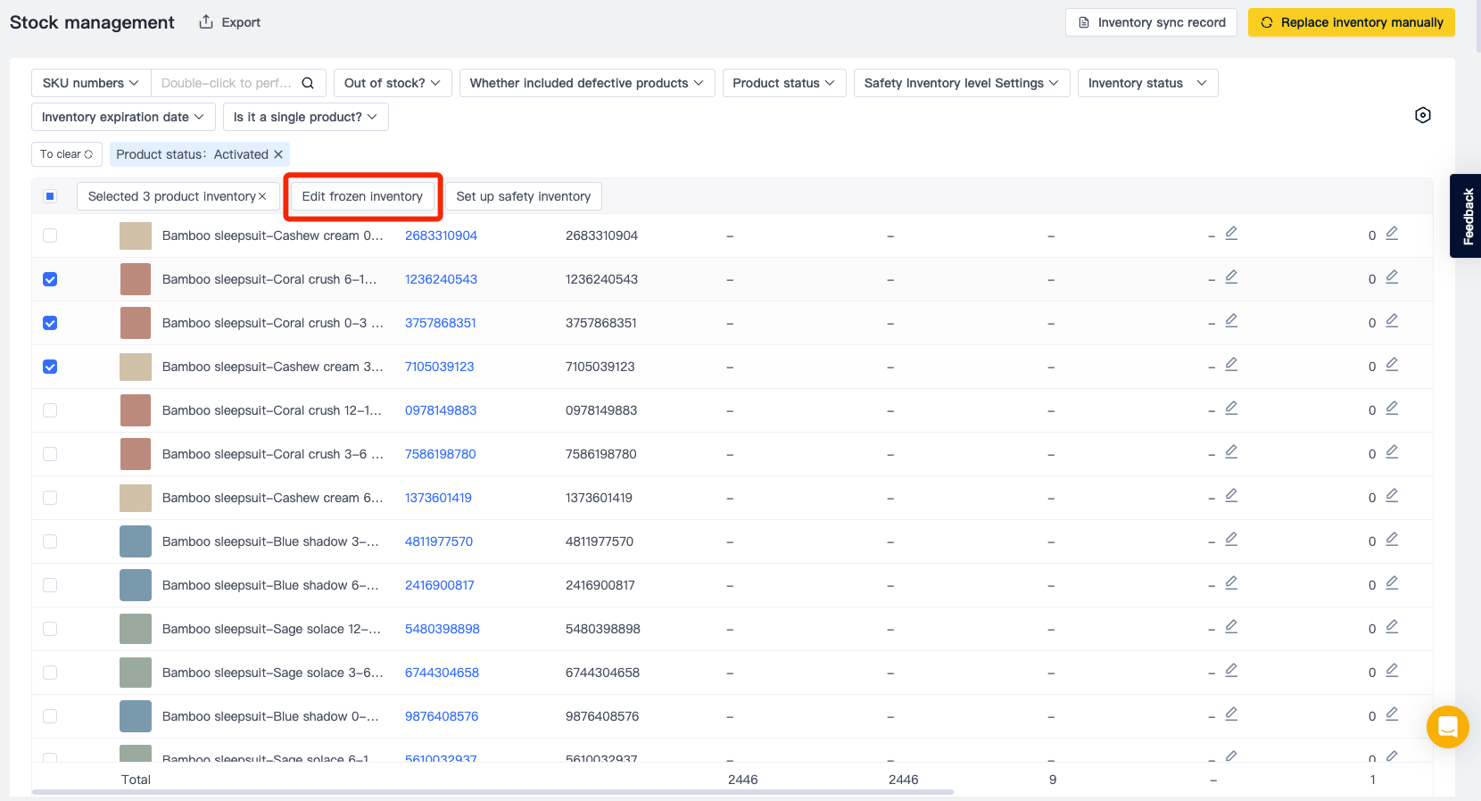 Inventory freeze OneWarehouse