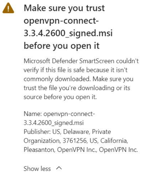 Access Server OpenVPN Connect installer is not signed/trusted by Microsoft Defender SmartScreen