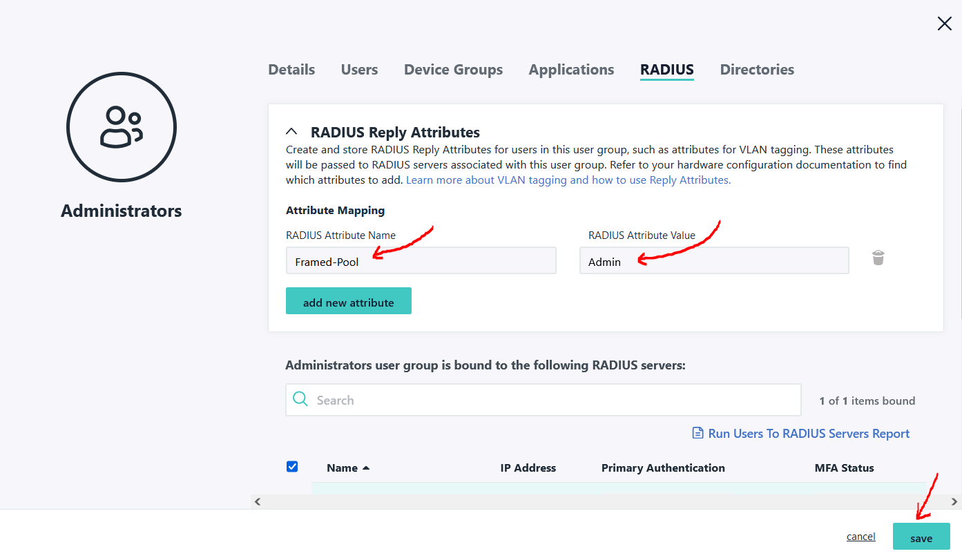 Access Server RADIUS group mapping postauthentication script with JumpCloud as RADIUS server