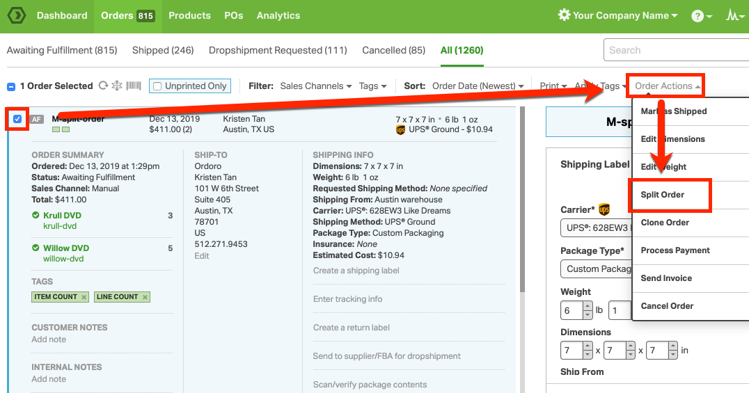 Ordoro How do I split an order into multiple shipments?