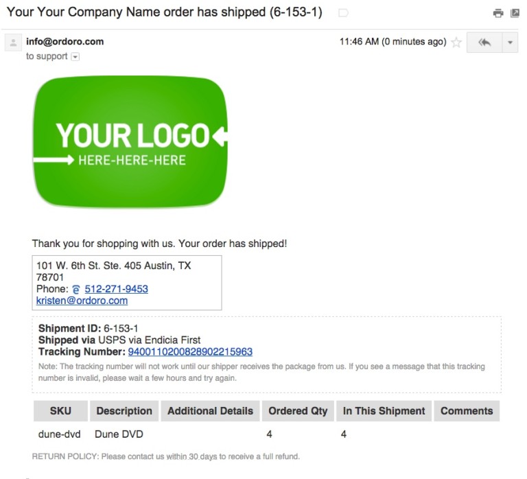 Ordoro How to send tracking number notification emails