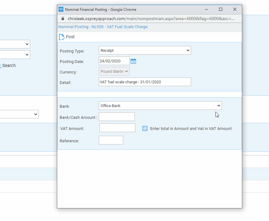 Apply the VAT fuel scale charge / private disallowance Osprey