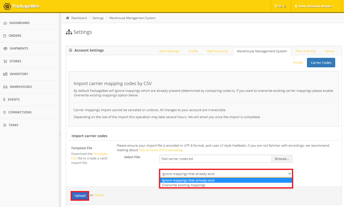 Upload Carrier Codes PackageBee