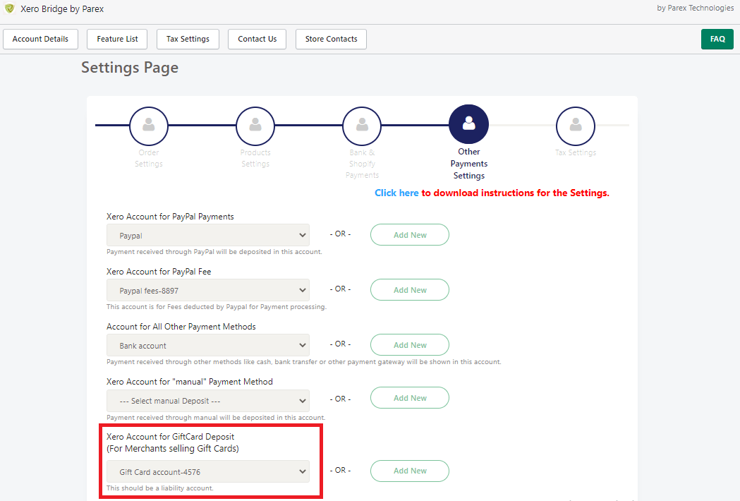 Parex Bridge Account selection for Gift Card Xero Bridge app