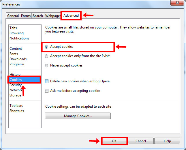 نحوه فعال نمودن کوکی (Cookie) در مرورگر اوپرا Opera