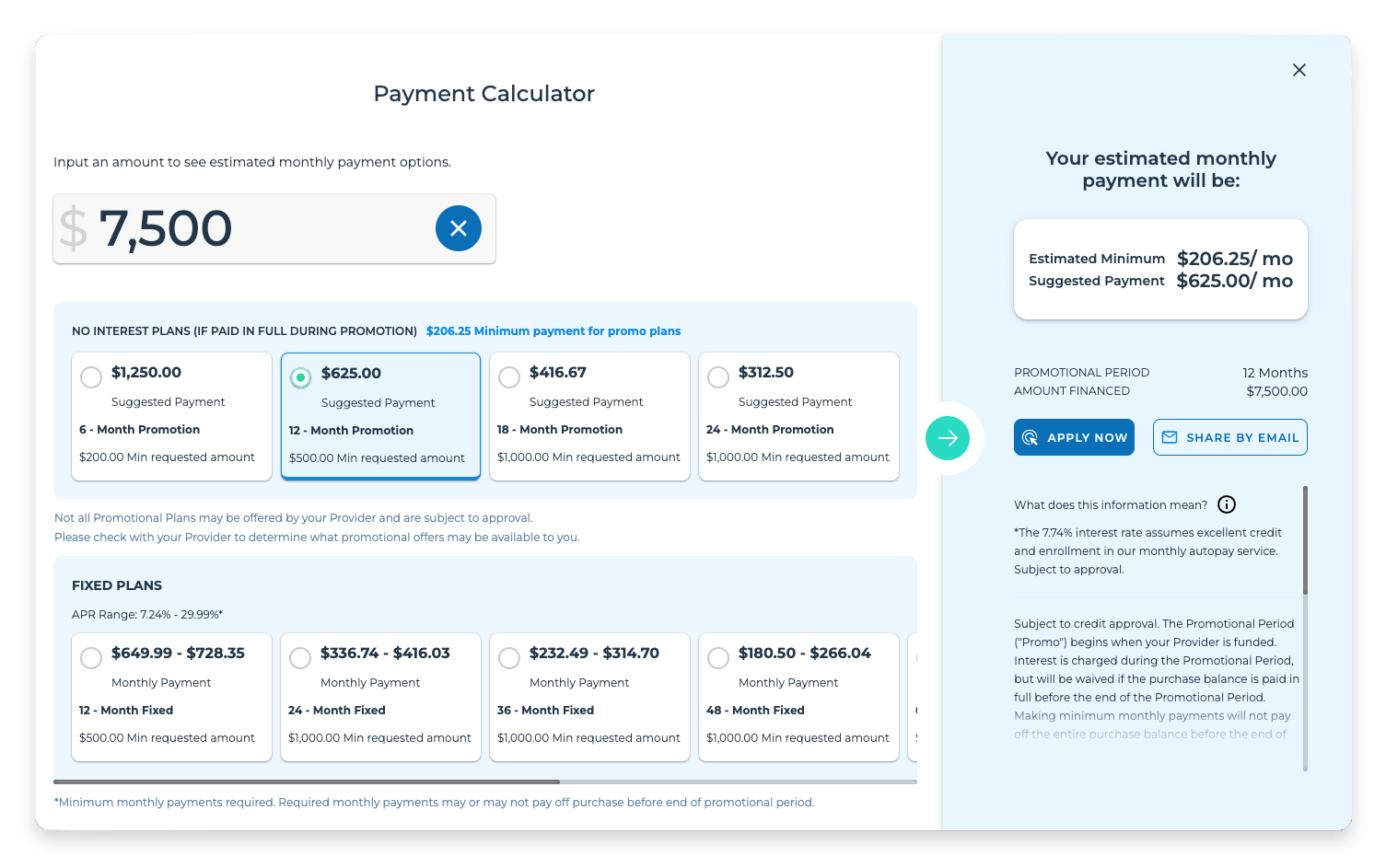 Why are the payment plans I see on my account's payment calculator