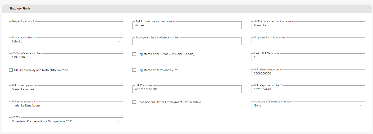 What is the function of the Statutory Fields tab on the Basic Company