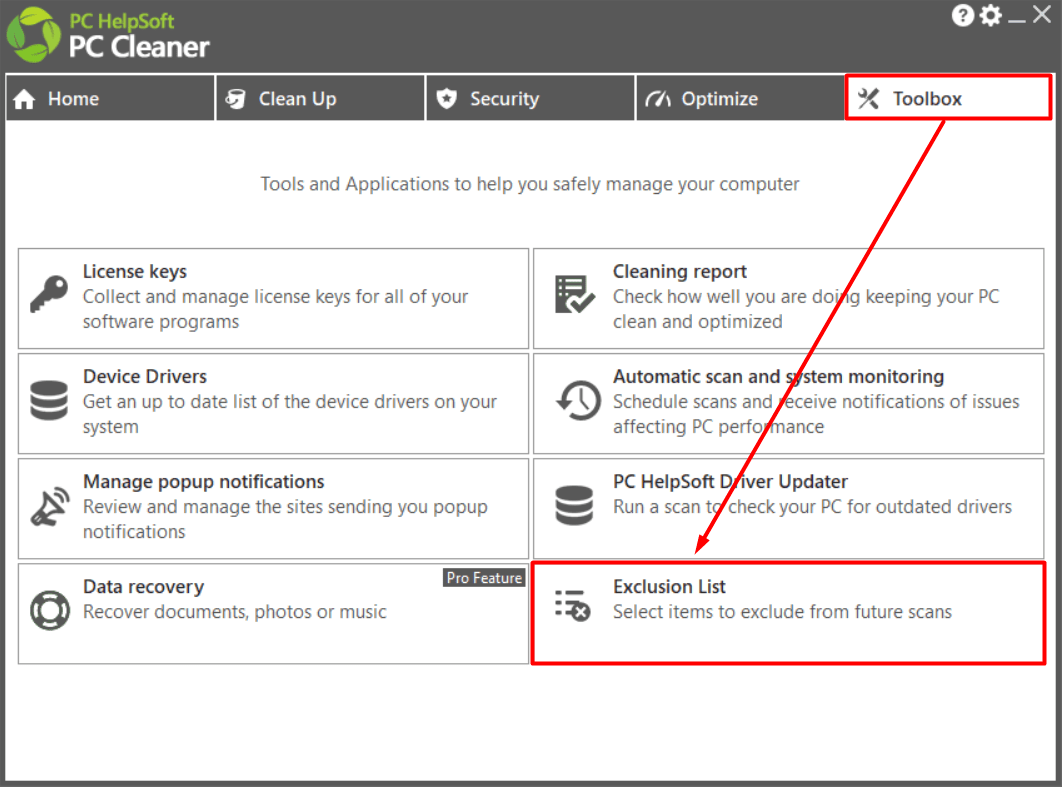 How to add items to the exclusion list? PC HelpSoft