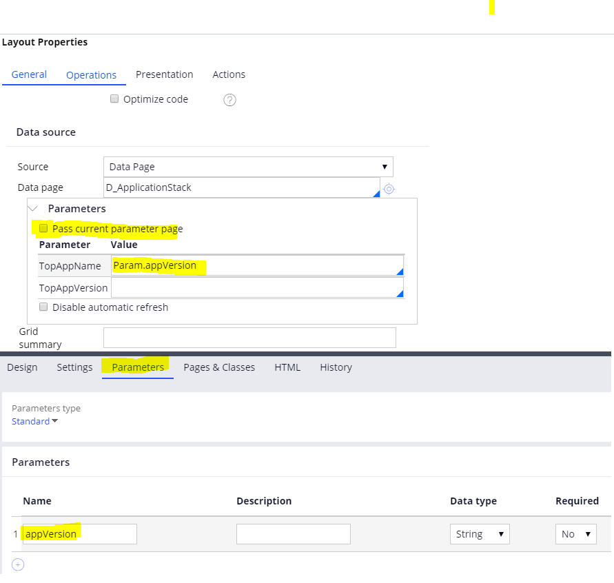 How to pass the section parameters as data pages parameters Support