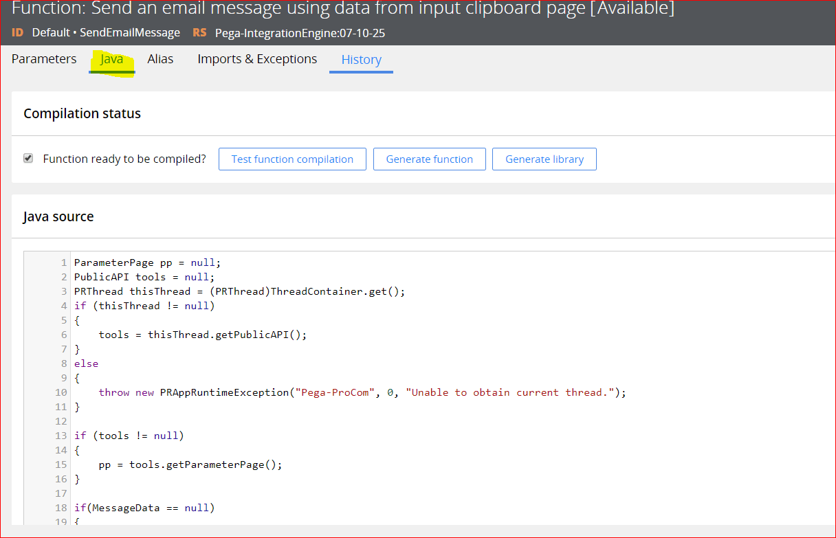 How to get the Java code of a Pega function Support Center