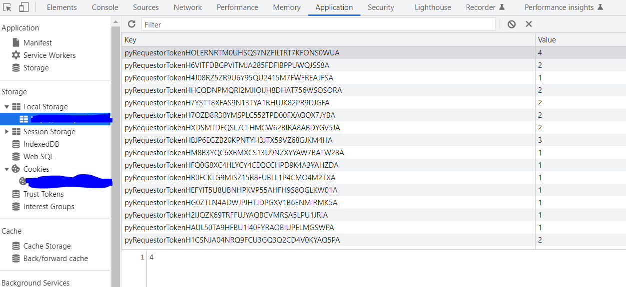 Usage of browser Local Storage key value pair pyRequestorToken