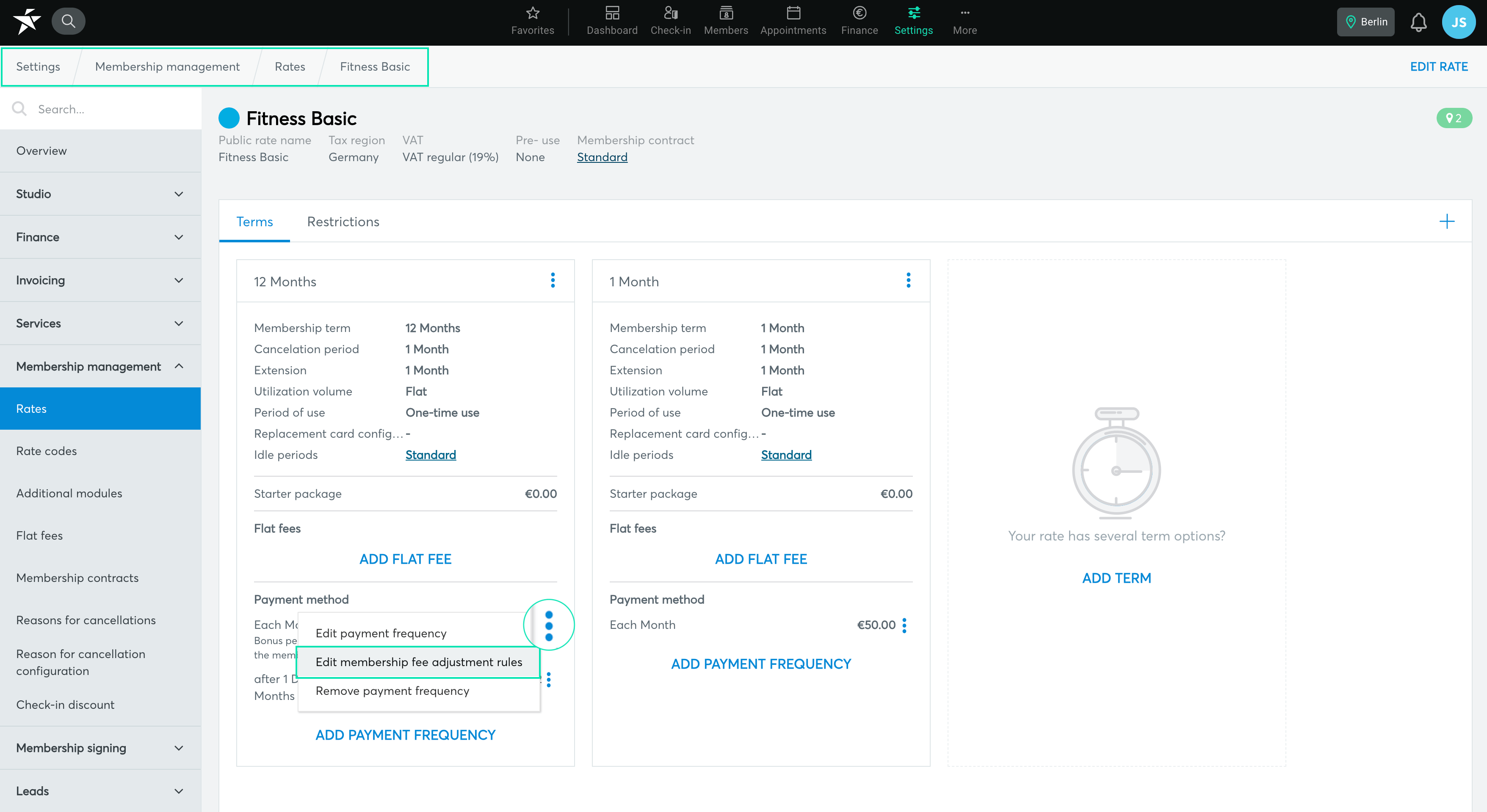 Membership fee adjustment rules PerfectGym Next