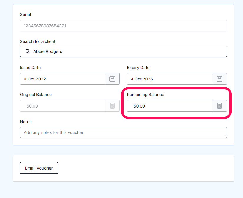 How do I manually change the remaining balance on a client's Gift Card